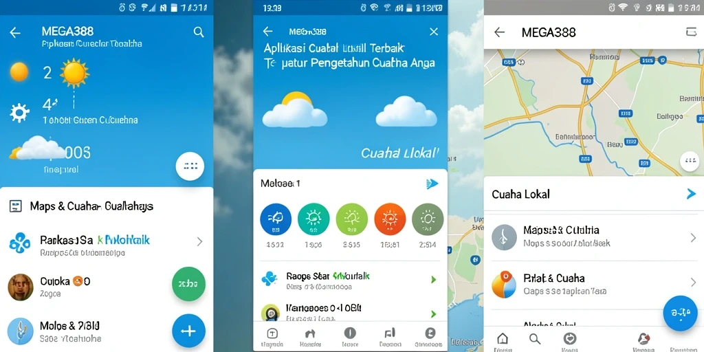 Screenshot utama MEGA388 menunjukkan antarmuka cuaca lokal yang informatif.